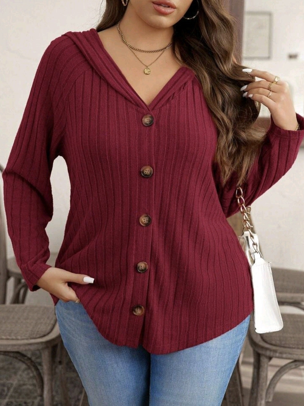 Ribbed Button-Front V-Neck Sweater - Burgundy